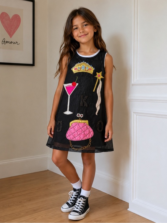 MONA LISA Dresses & Skirts - Mona Lisa Black Dress with Pink and Gold Embellishments, Size 8